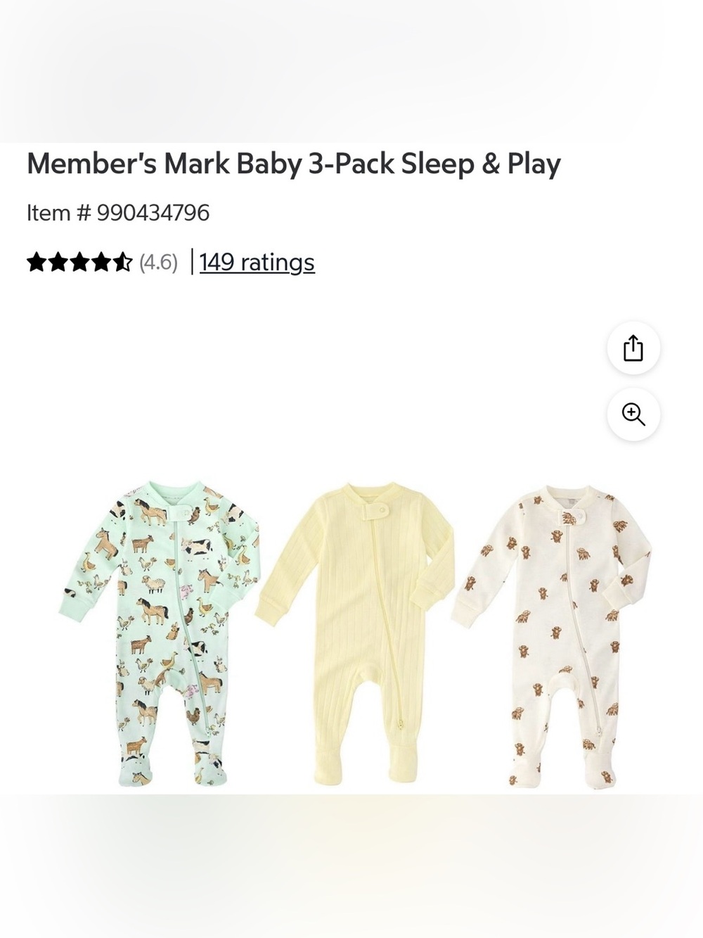 3-Pack Baby Footed One-Pieces — Mint Animal, Pale Yellow, Cream Bear